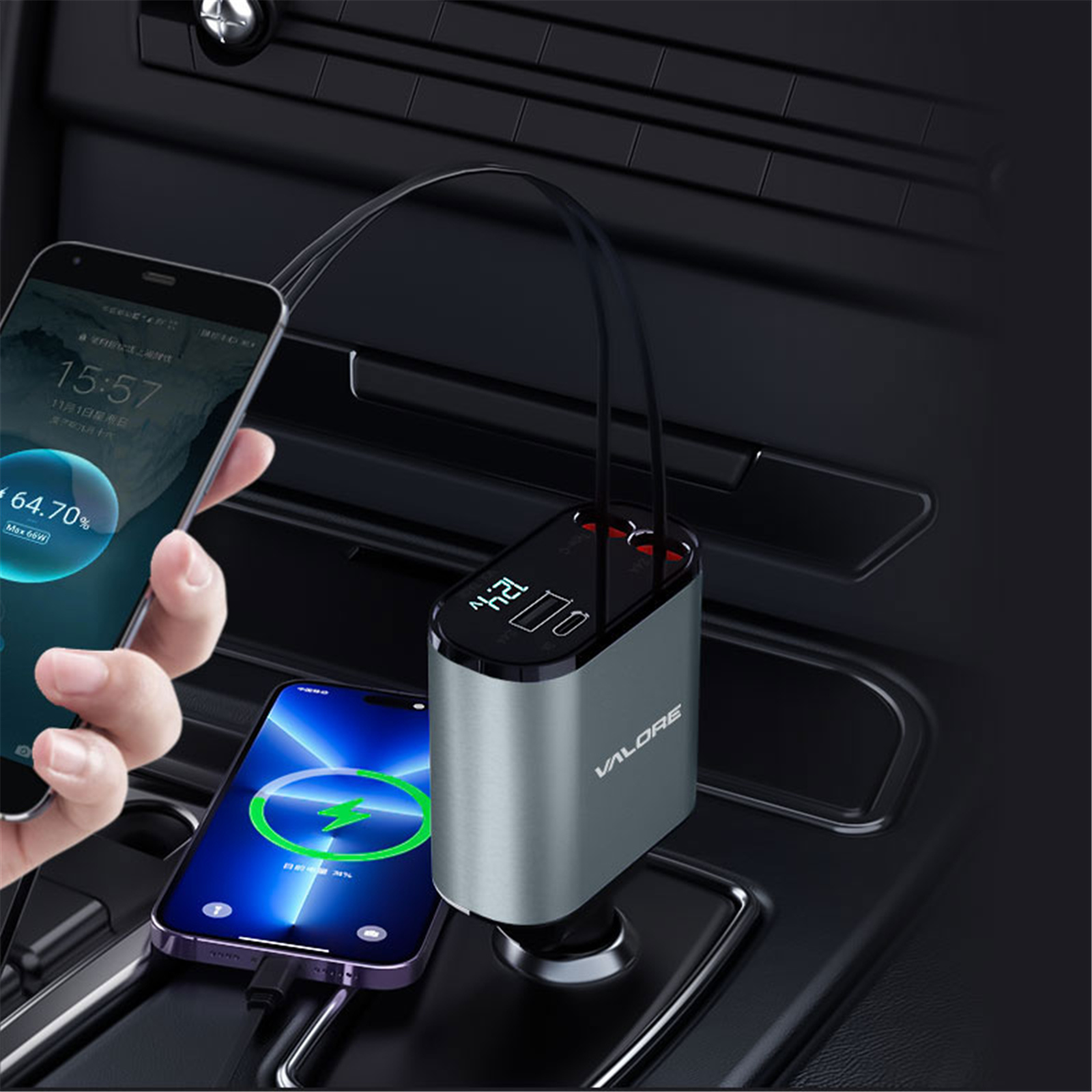 Valore AC207 4-IN-1 Car Charger with Bulit in retractable cables