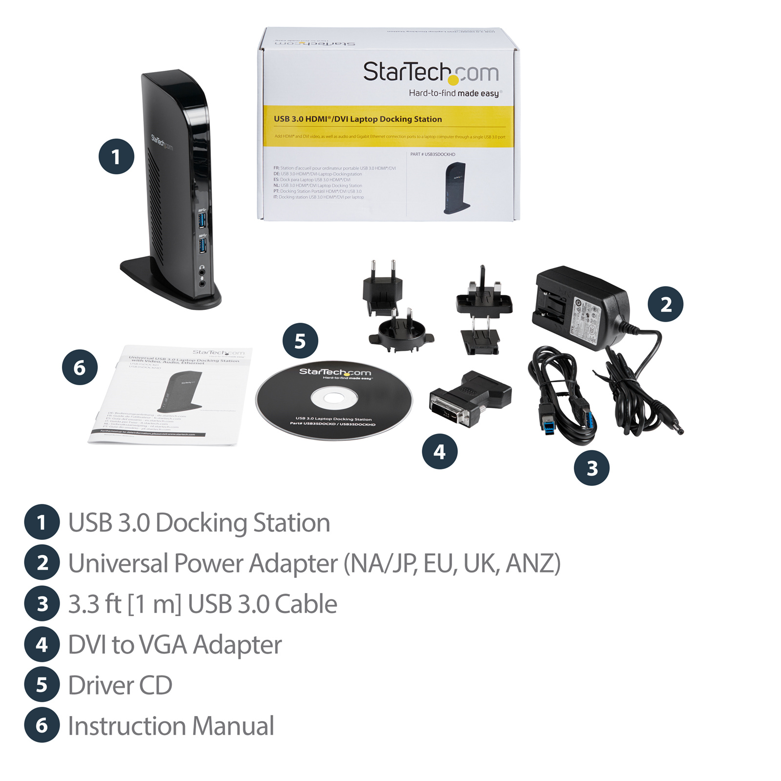 StarTech.com USB 3.0 Dual FHD Docking Station 1x HDMI - 1x DVI - 2x USB 3.0 - 4x USB 2.0 - 1x 3.5mm Audio-in - 1x 3.5mm Audio-out - Support Apple MacOS / ChromesOS / Microsoft Windows - No Power Delivery