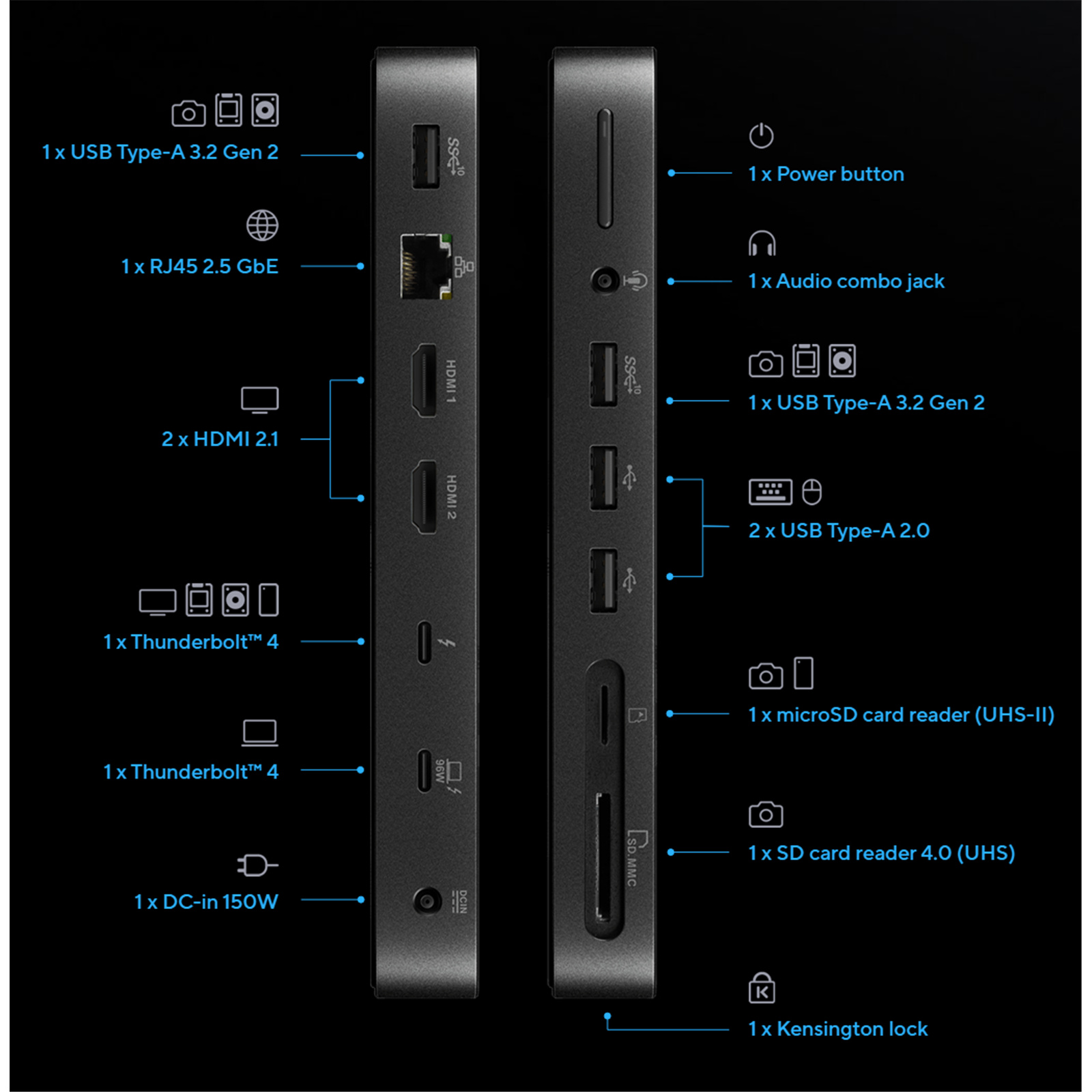 ASUS DC500 Thunderbolt 4 Alt Mode Triple 4K Gaming Docking Station with 96W Power Delivery 2x HDMI2.1 (upto 4K 120Hz) - 1x Thunderbolt4 - 1x 2.5G RJ45 - 4x USB-A - SD & MicroSD Reader - 3.5mm Audiocombo - 1x Jack - Adjustable Stand - Suppor