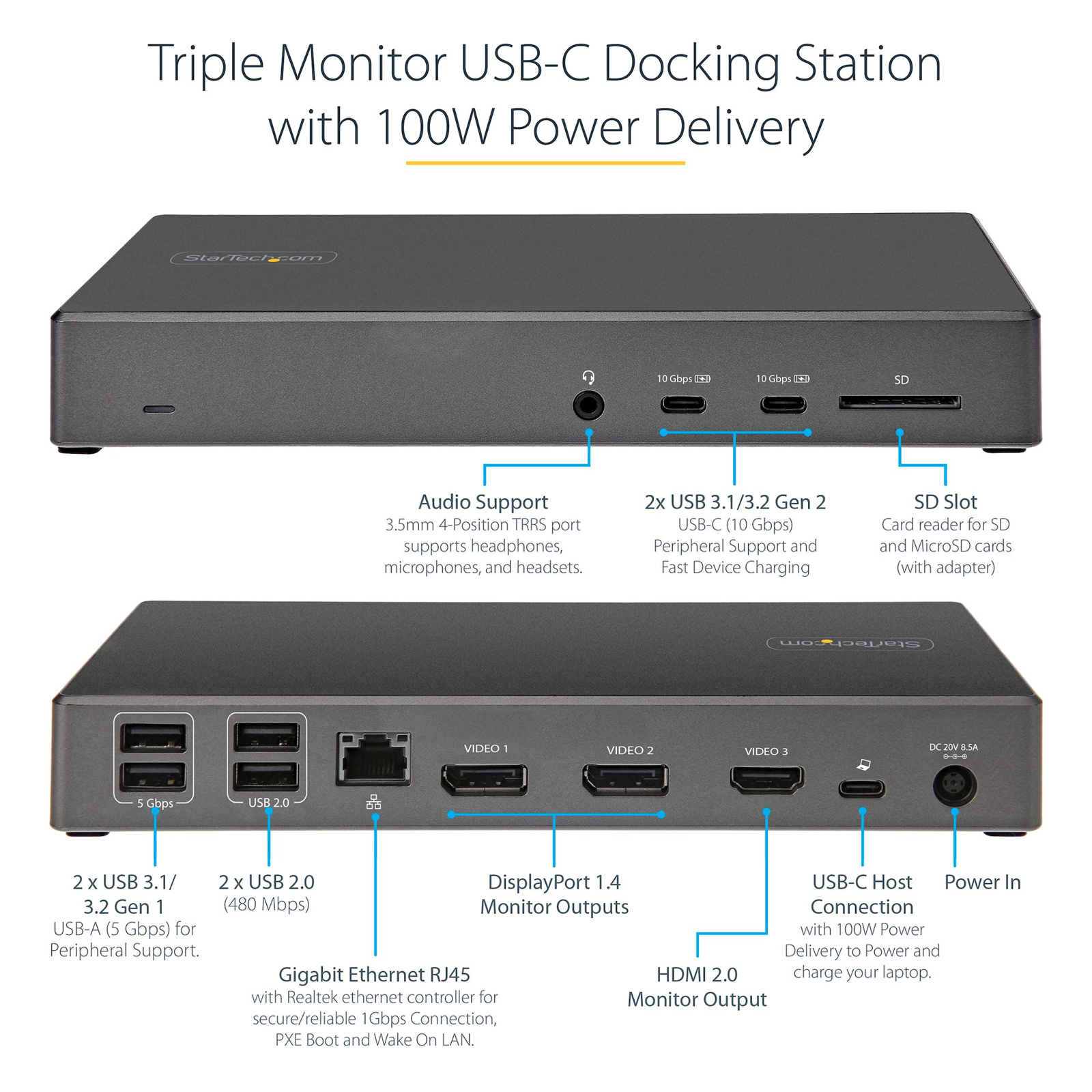 StarTech.com USB-C Dock Triple 4K with 100W PD 6x USB