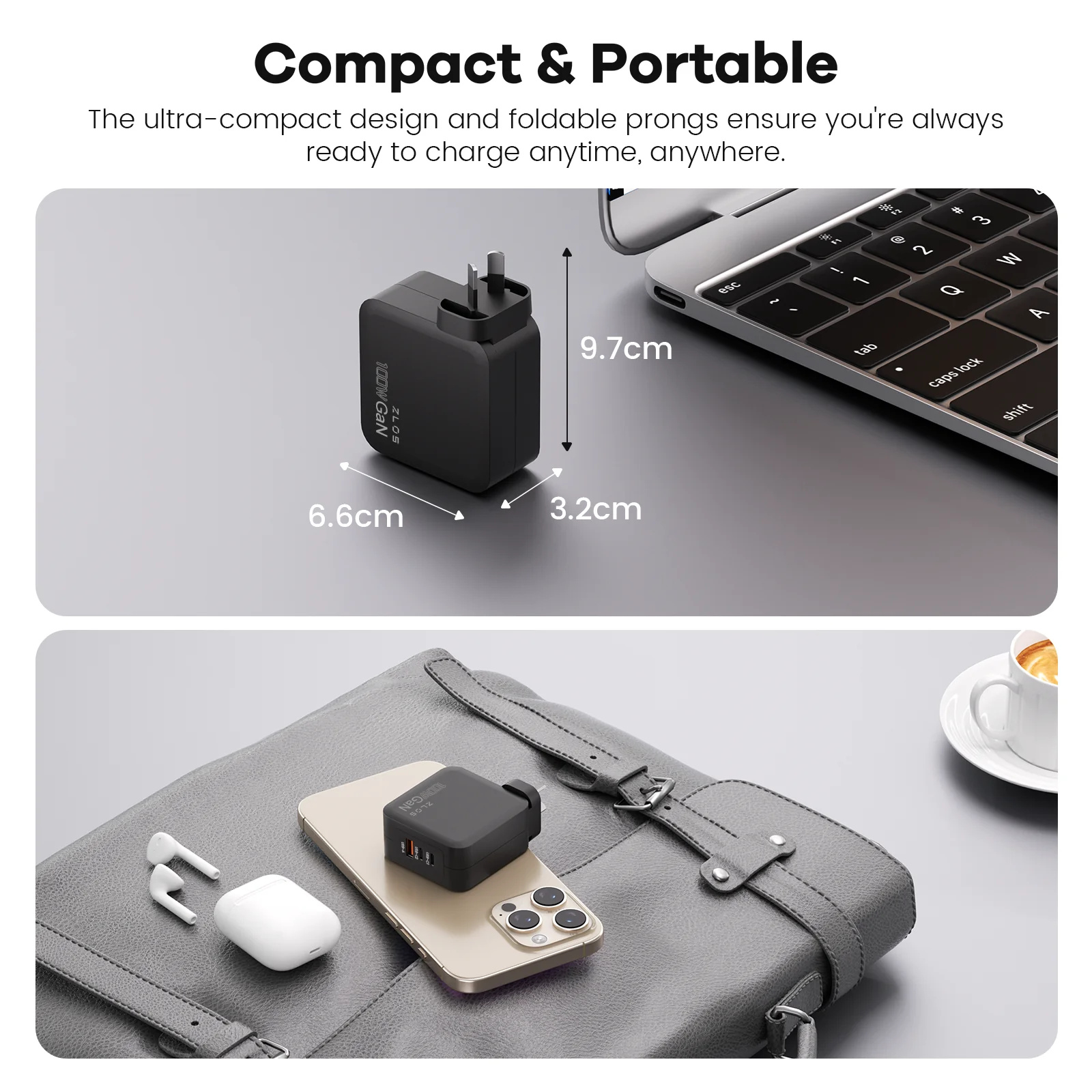 Zlos 100W 3 Port GAN Wall Charger - 2x USB-C & 1x USB-A - Fits for Laptop Macbook iPhone iPad Tablets Nintendo Switch