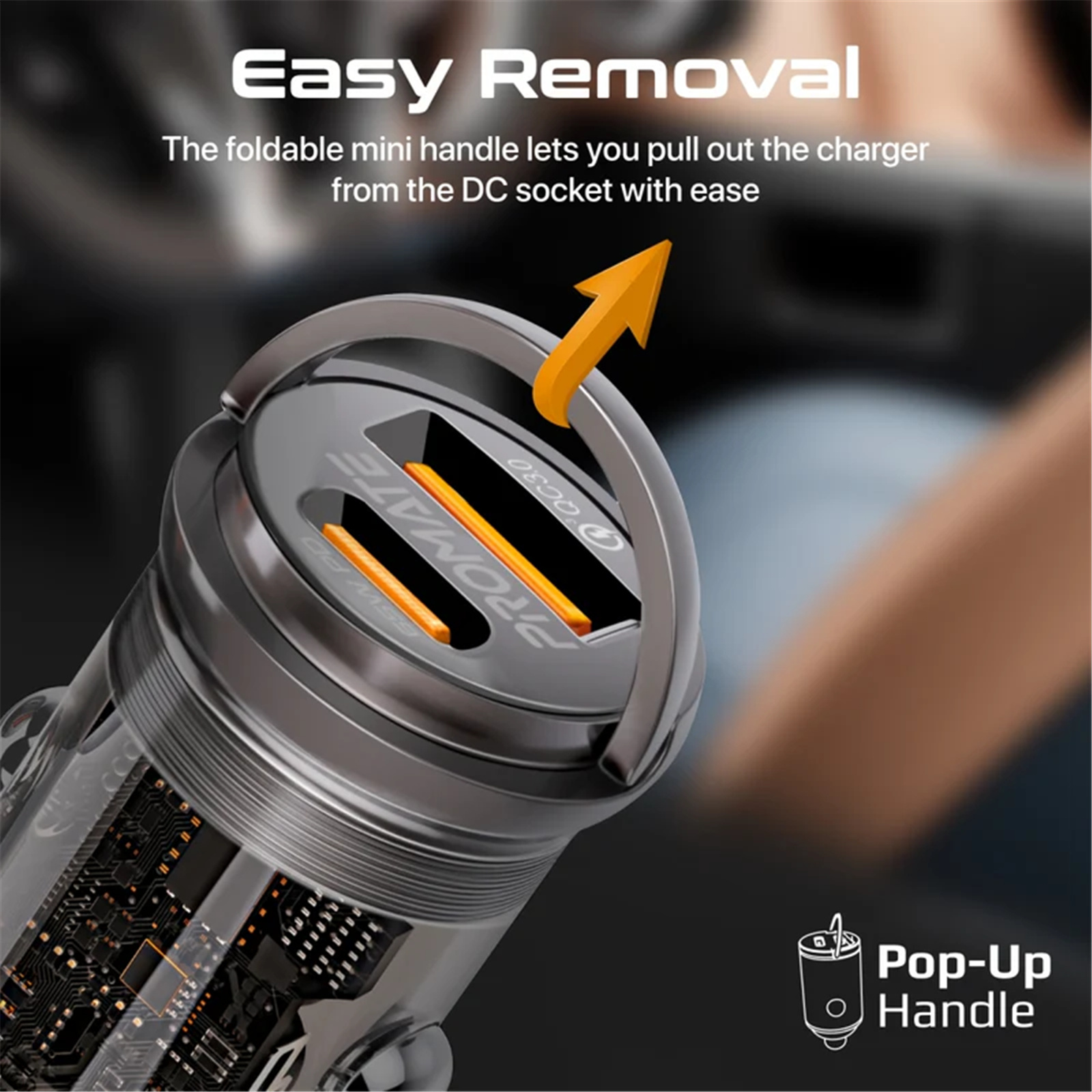 Promate TRANSDRIVE-65W  65W Quick Charging In-Car Adapter for Tablets & Smartphones. 65W PD USB-C Port for PC & Tablets, Quick Charge (QC) USB-A Port, Transparent Design, Super-Mini Small Adapter.