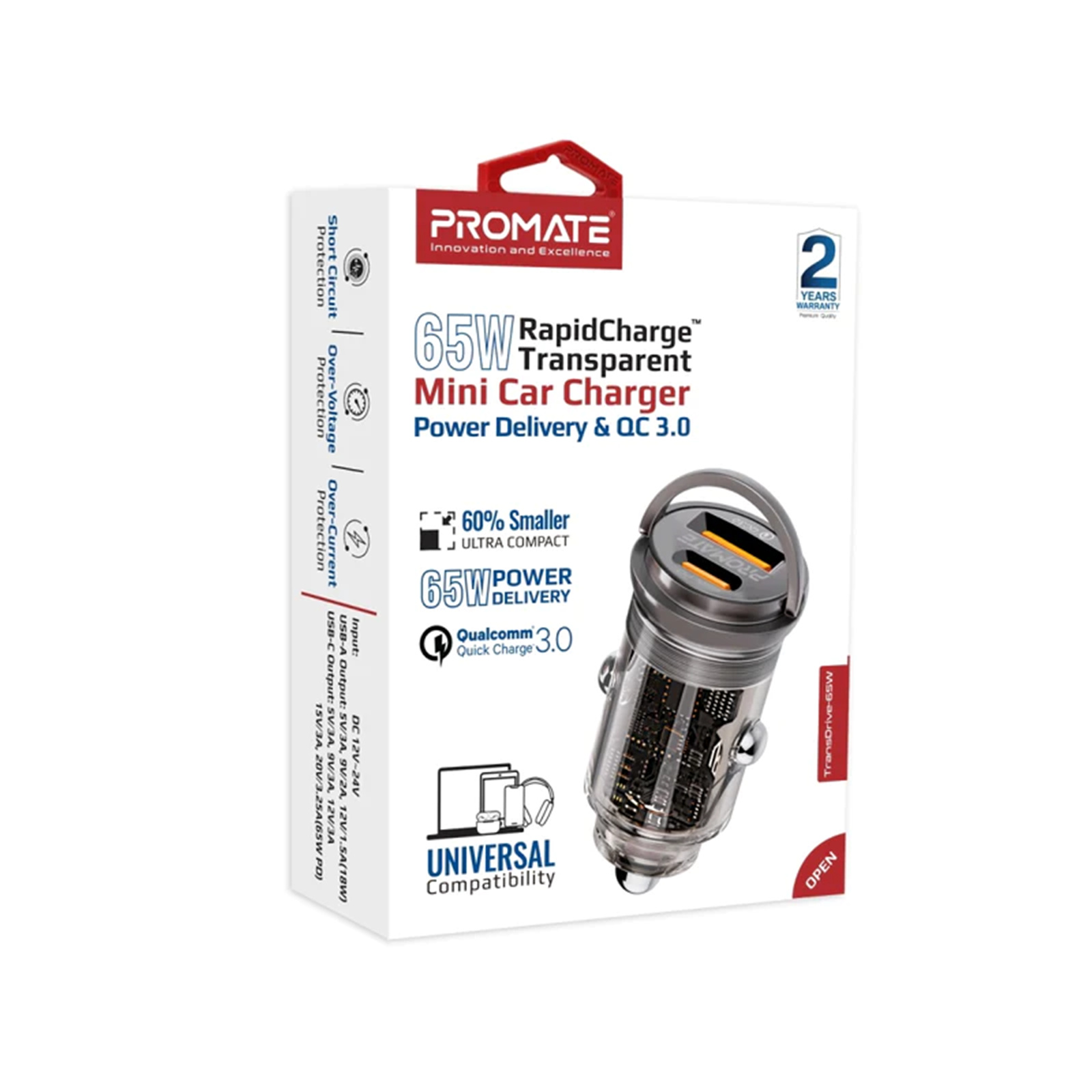 Promate TRANSDRIVE-65W  65W Quick Charging In-Car Adapter for Tablets & Smartphones. 65W PD USB-C Port for PC & Tablets, Quick Charge (QC) USB-A Port, Transparent Design, Super-Mini Small Adapter.