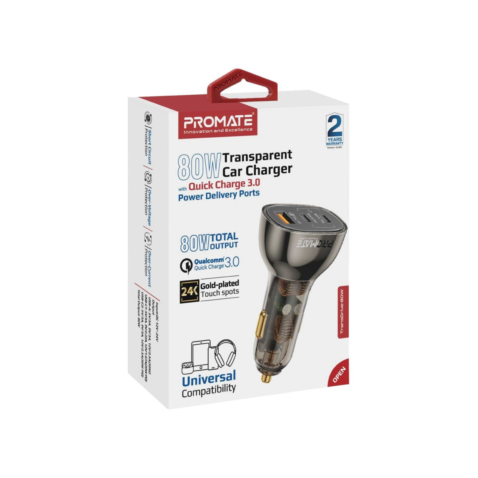 Promate TRANSDRIVE-80W 0W Quick Charging In-Car Adapter for Tablets & Smartphones 30W & 20W PD USB-C Ports. Gold-Plated, Transparent Design, Dual USB-C Ports, Quick Charge (QC) USB-A Port, Charge 3x Devices.