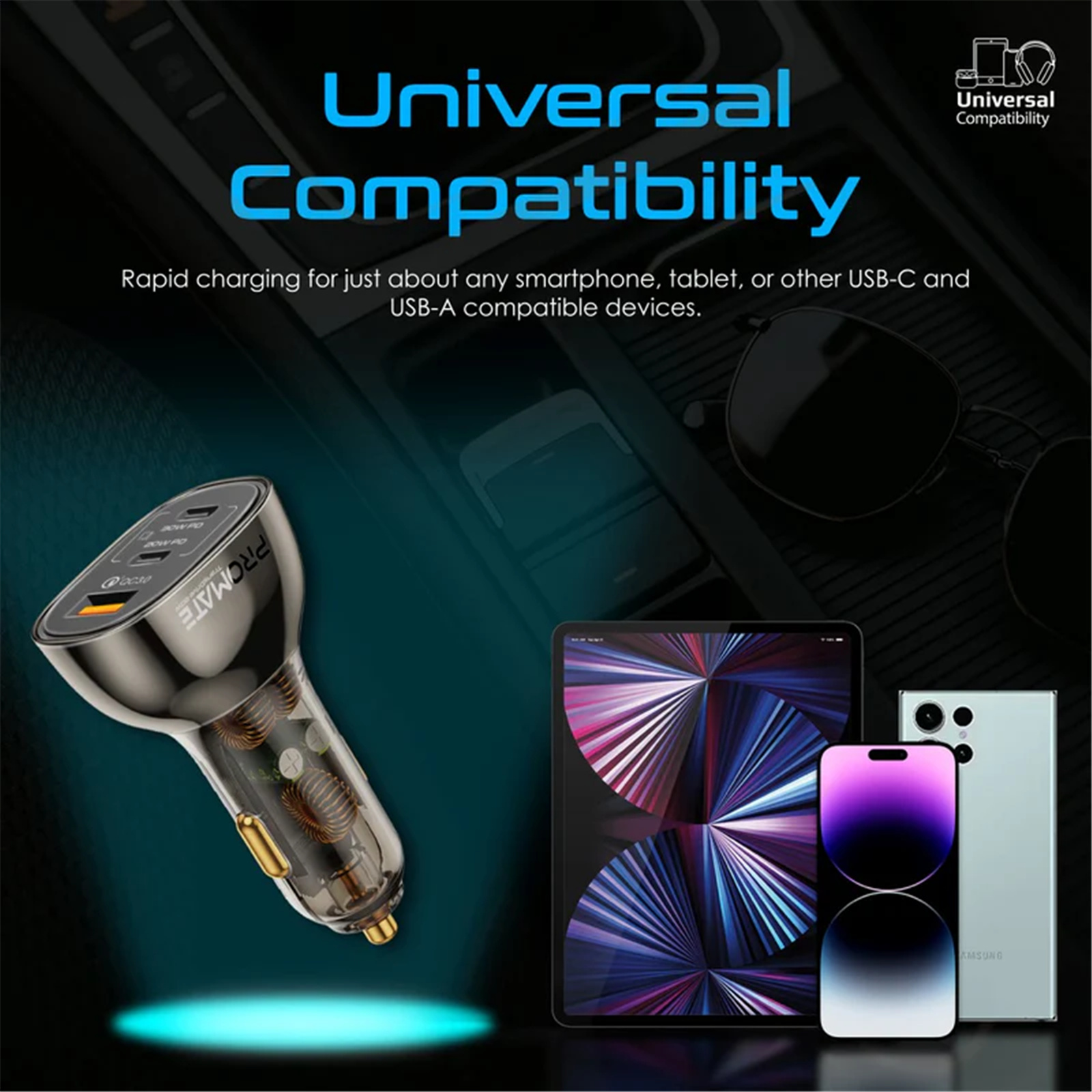 Promate TRANSDRIVE-80W 0W Quick Charging In-Car Adapter for Tablets & Smartphones 30W & 20W PD USB-C Ports. Gold-Plated, Transparent Design, Dual USB-C Ports, Quick Charge (QC) USB-A Port, Charge 3x Devices.