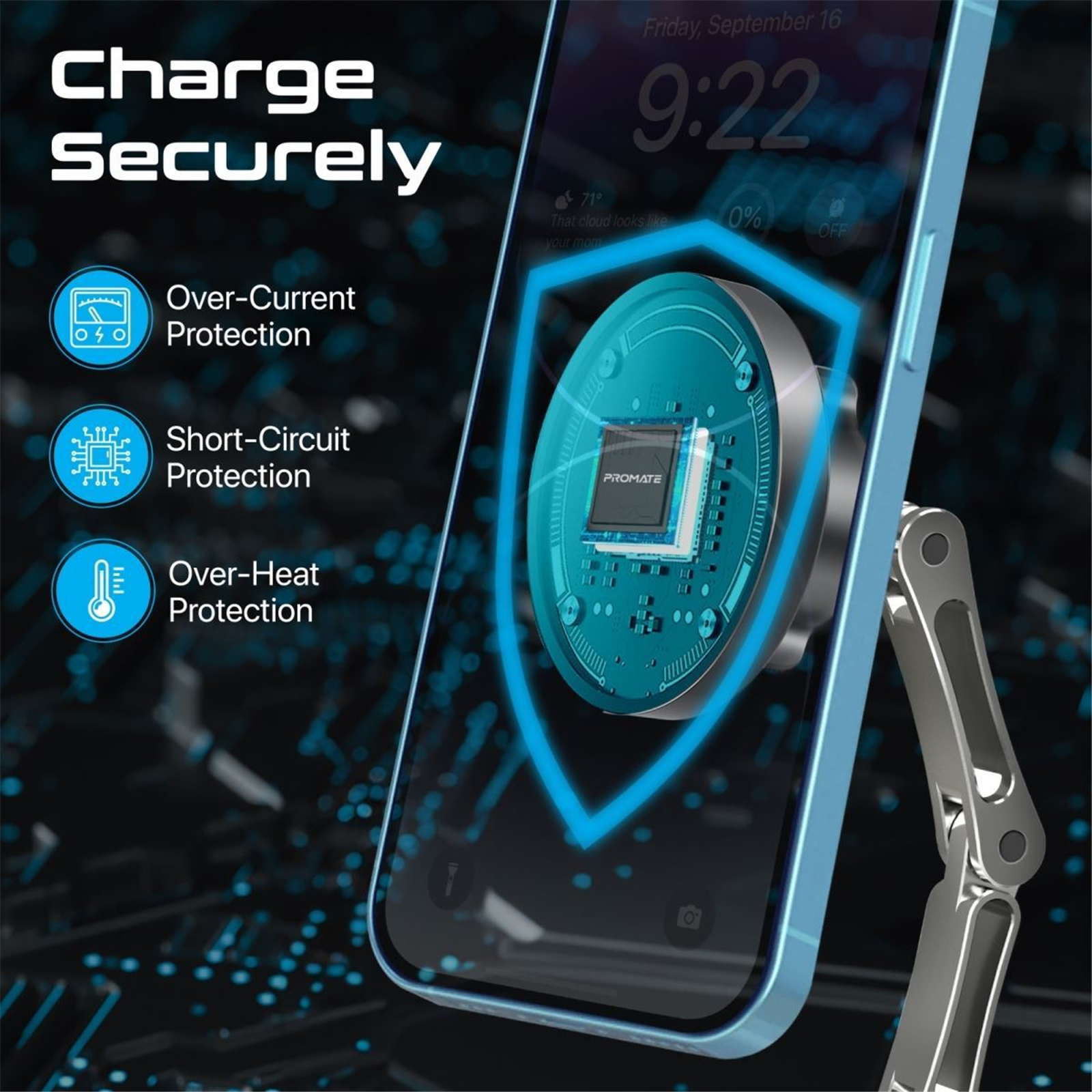 Promate MAGNUS-QI  SecureGrip 360 Cradleless 15W Qi Magnetic Wireless in-Car Phone Charger &Holder.Designed for Dashboard & Windshield. Height Adjustable. Ultra Slim.