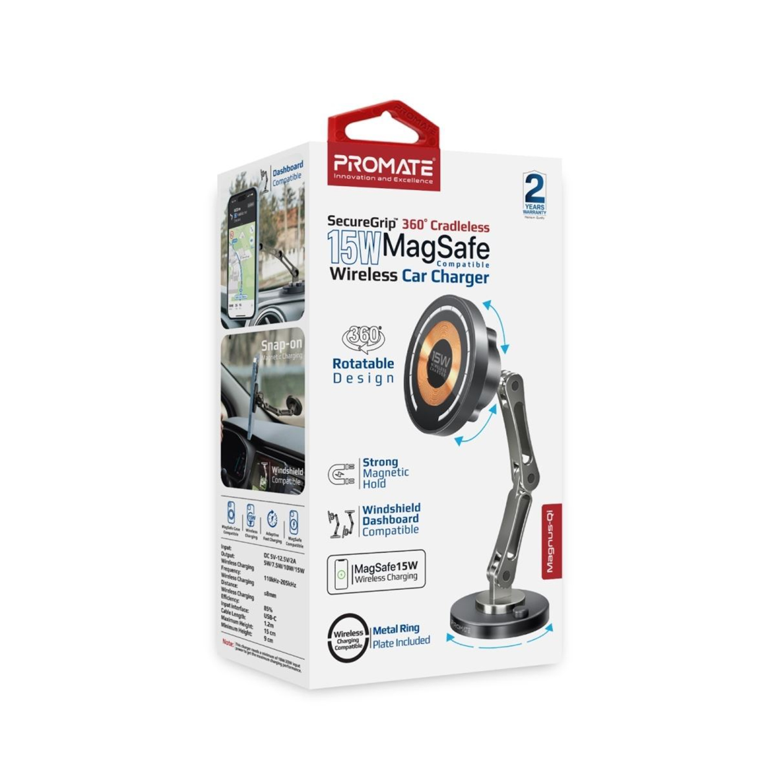 Promate MAGNUS-QI  SecureGrip 360 Cradleless 15W Qi Magnetic Wireless in-Car Phone Charger &Holder.Designed for Dashboard & Windshield. Height Adjustable. Ultra Slim.