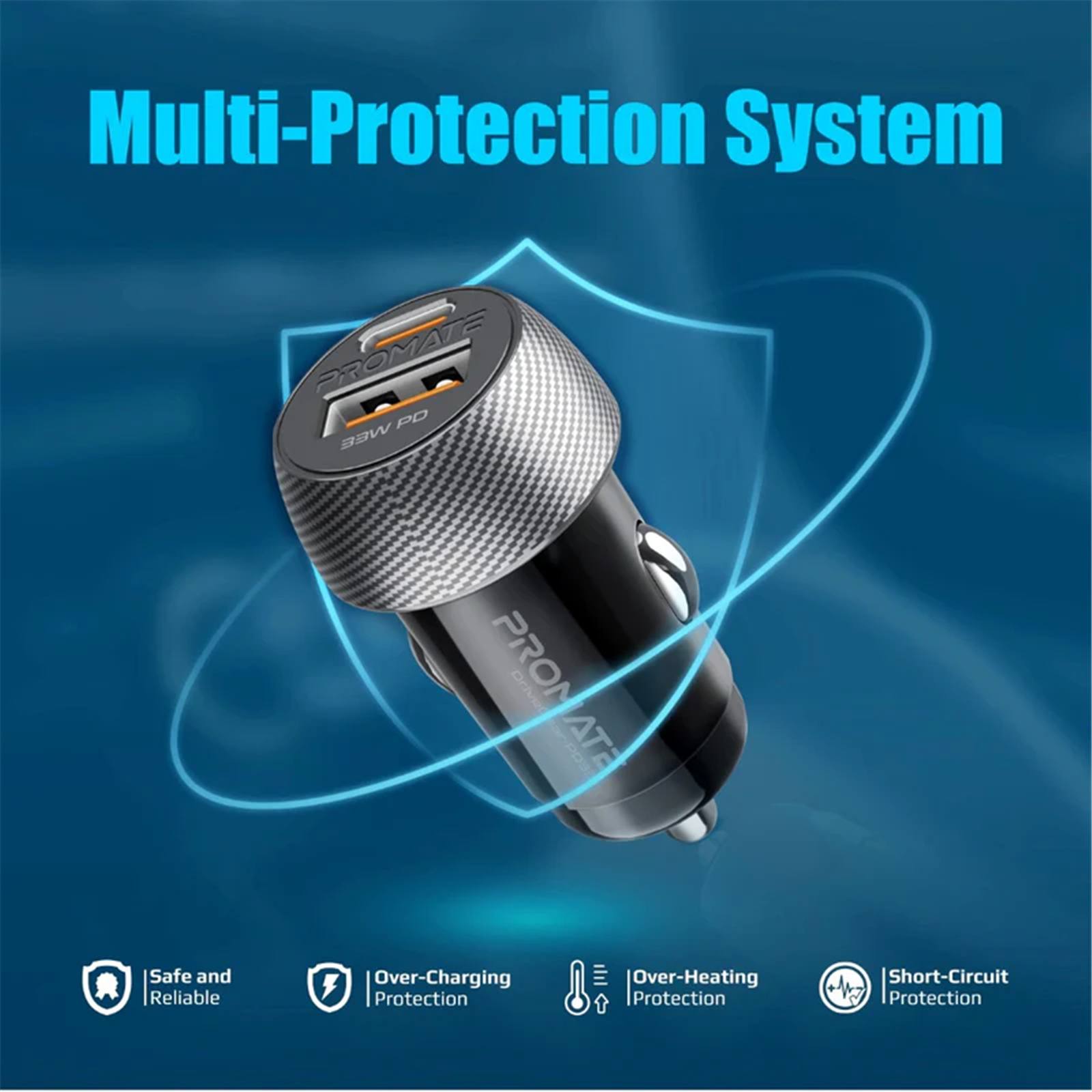 Promate DRIVEGEAR-PD33 Ultra-Fast Dual Port Compact In-Car Phone Charger - 33W Black - 1x 18W QC 3.0 USB-APort, 1x 20V/1.5A USB-C Port, Charge Two Devices Simultaneously, Built-in Surge Protection & Temp Control.