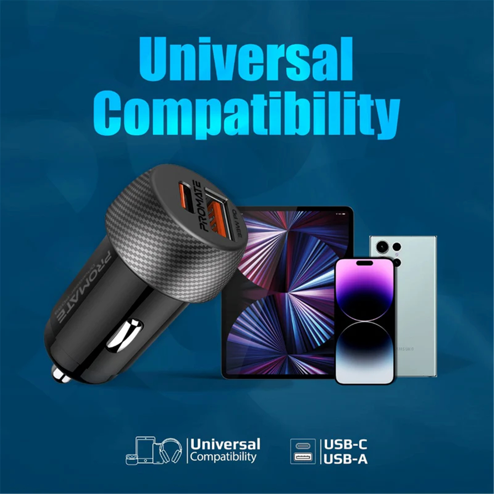 Promate DRIVEGEAR-PD33 Ultra-Fast Dual Port Compact In-Car Phone Charger - 33W Black - 1x 18W QC 3.0 USB-APort, 1x 20V/1.5A USB-C Port, Charge Two Devices Simultaneously, Built-in Surge Protection & Temp Control.