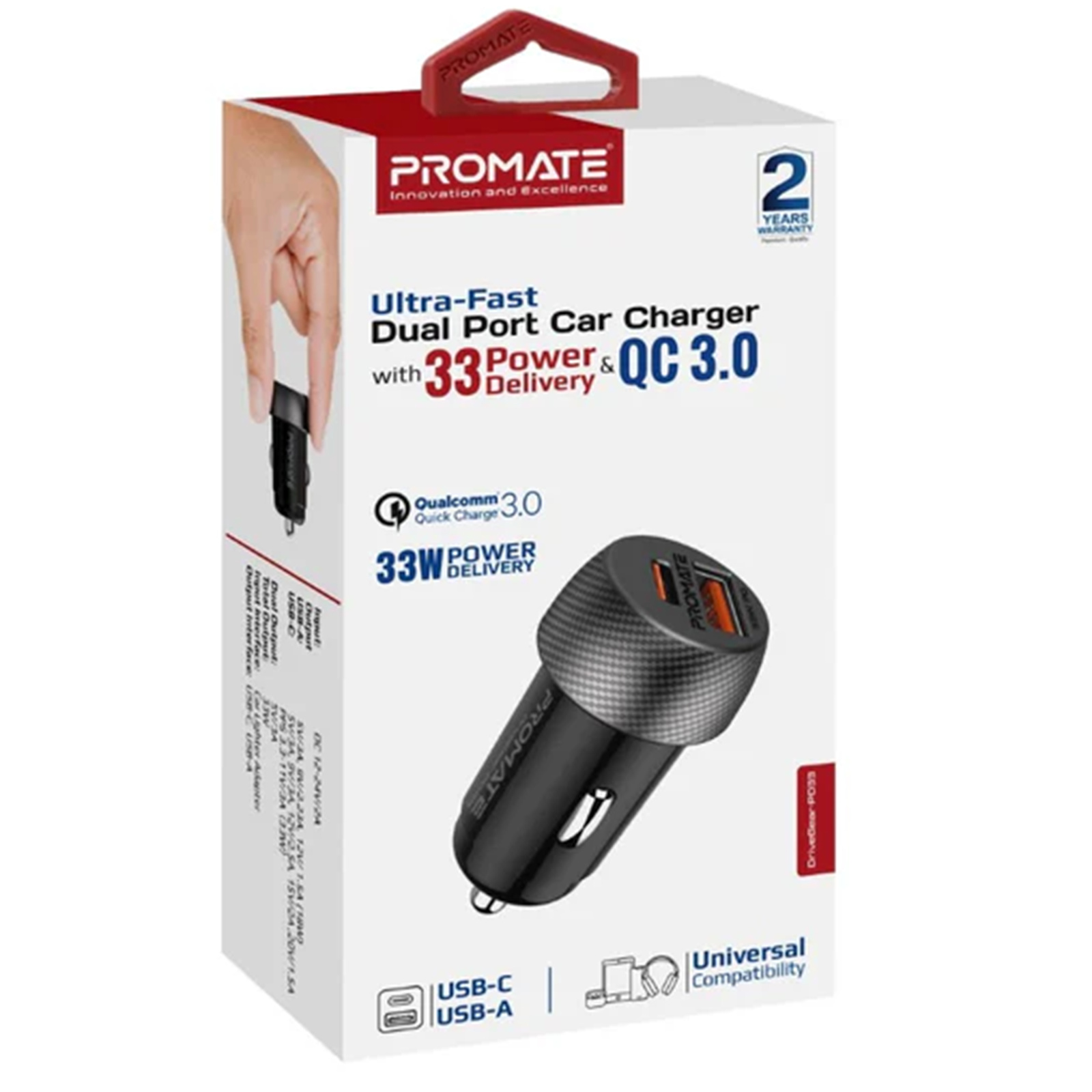Promate DRIVEGEAR-PD33 Ultra-Fast Dual Port Compact In-Car Phone Charger - 33W Black - 1x 18W QC 3.0 USB-APort, 1x 20V/1.5A USB-C Port, Charge Two Devices Simultaneously, Built-in Surge Protection & Temp Control.