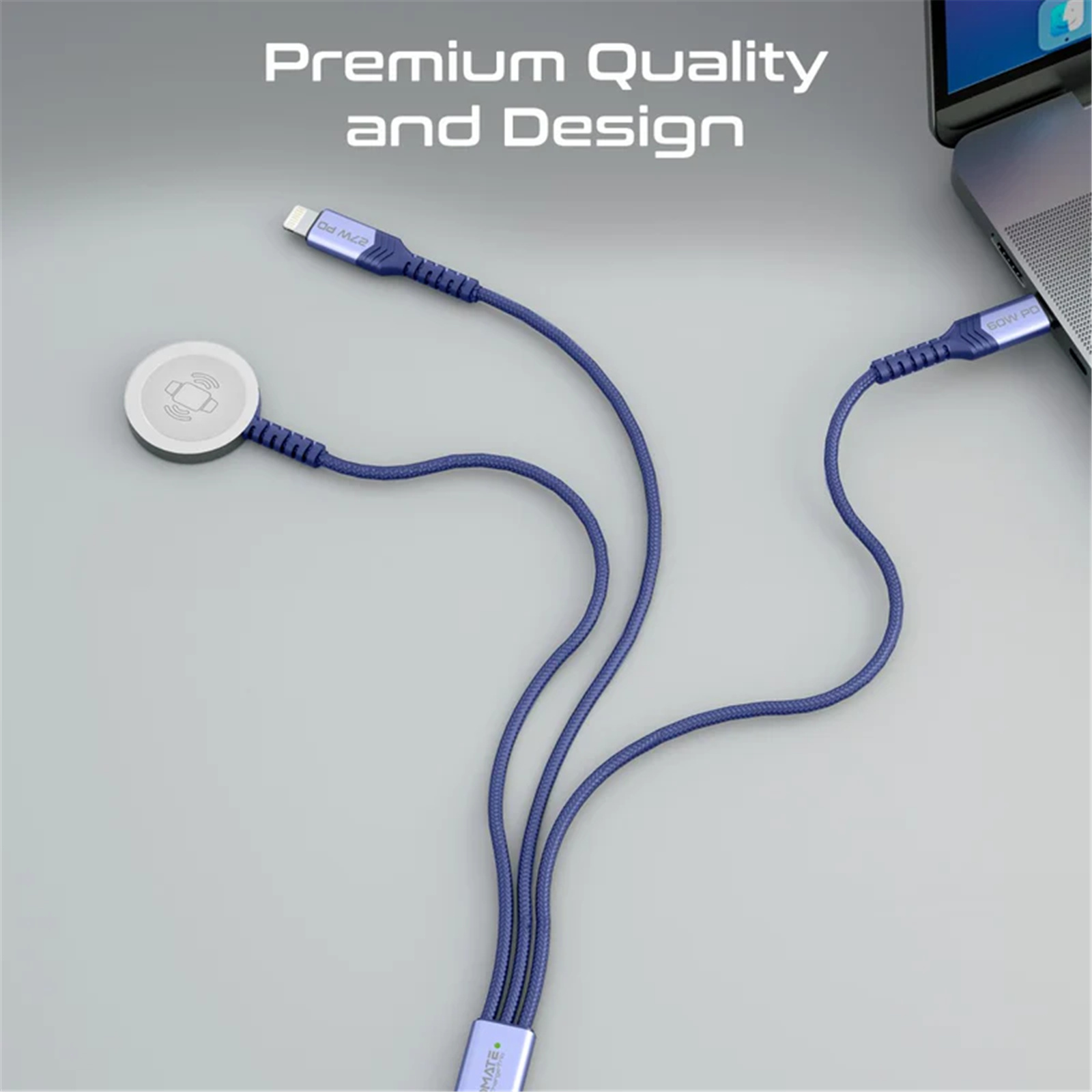 Promate ICHARGE-TRIO.BLU 60W PD - 480Mbps USB-C Multi-Connector Cable - 1.5m - Blue USB-C / Lightning Connectors - Apple Watch Charging Pad - 27W PD Lightning - 2.5W Apple Watch - Data & Charge