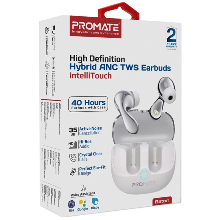 Promate BATON In-Ear HD Bluetooth Earbud Hybrid ANC TWS with Intellitouch - IPX4 White - Includes 500mAh Recharging Battery Case, Up to 40 Hours Playback, Active Noise Cancelling, Built-in Microphone