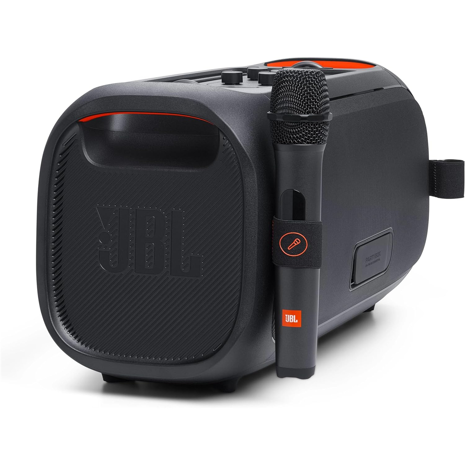 JBL PartyBox On-The-Go Essential 100W Wireless Portable Party Speaker with 2x JBL Wireless Microphones - Bluetooth + USB + 3.5mm AUX + Guitar Inputs - IPX4 - Built-in Shoulder Strap with Bottle Opener - Up to 6hrs platime