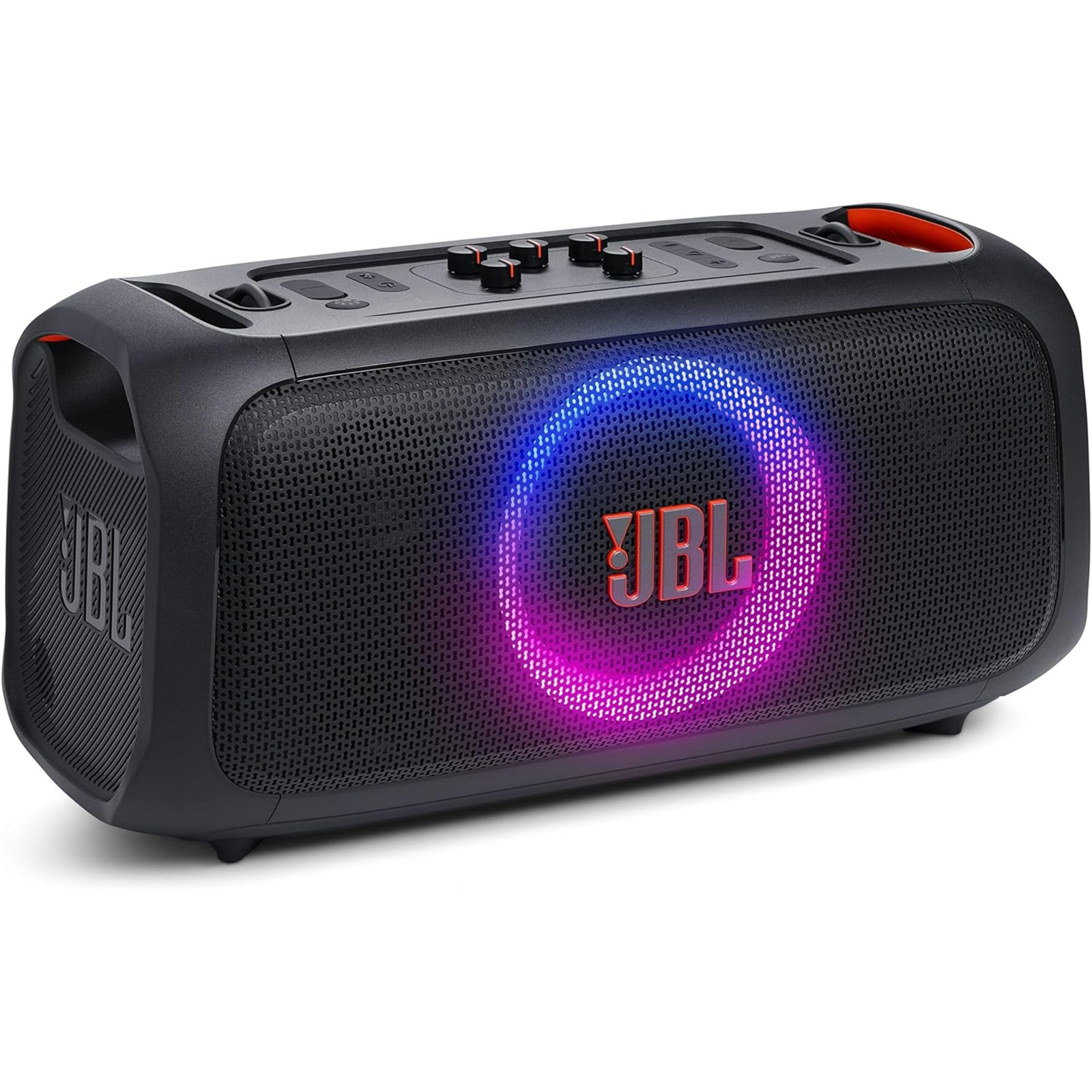 JBL PartyBox On-The-Go Essential 100W Wireless Portable Party Speaker with 2x JBL Wireless Microphones - Bluetooth + USB + 3.5mm AUX + Guitar Inputs - IPX4 - Built-in Shoulder Strap with Bottle Opener - Up to 6hrs platime