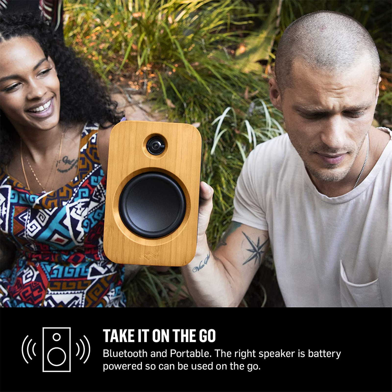 MARLEY Get Together Duo 40W Wireless Stereo Bookshelf Speaker System Premium Bamboo Finish / Bluetooth + RCA + 3.5mm Inputs / Portable Right Speaker with up to 20 Hours Battery / USB-C Charging