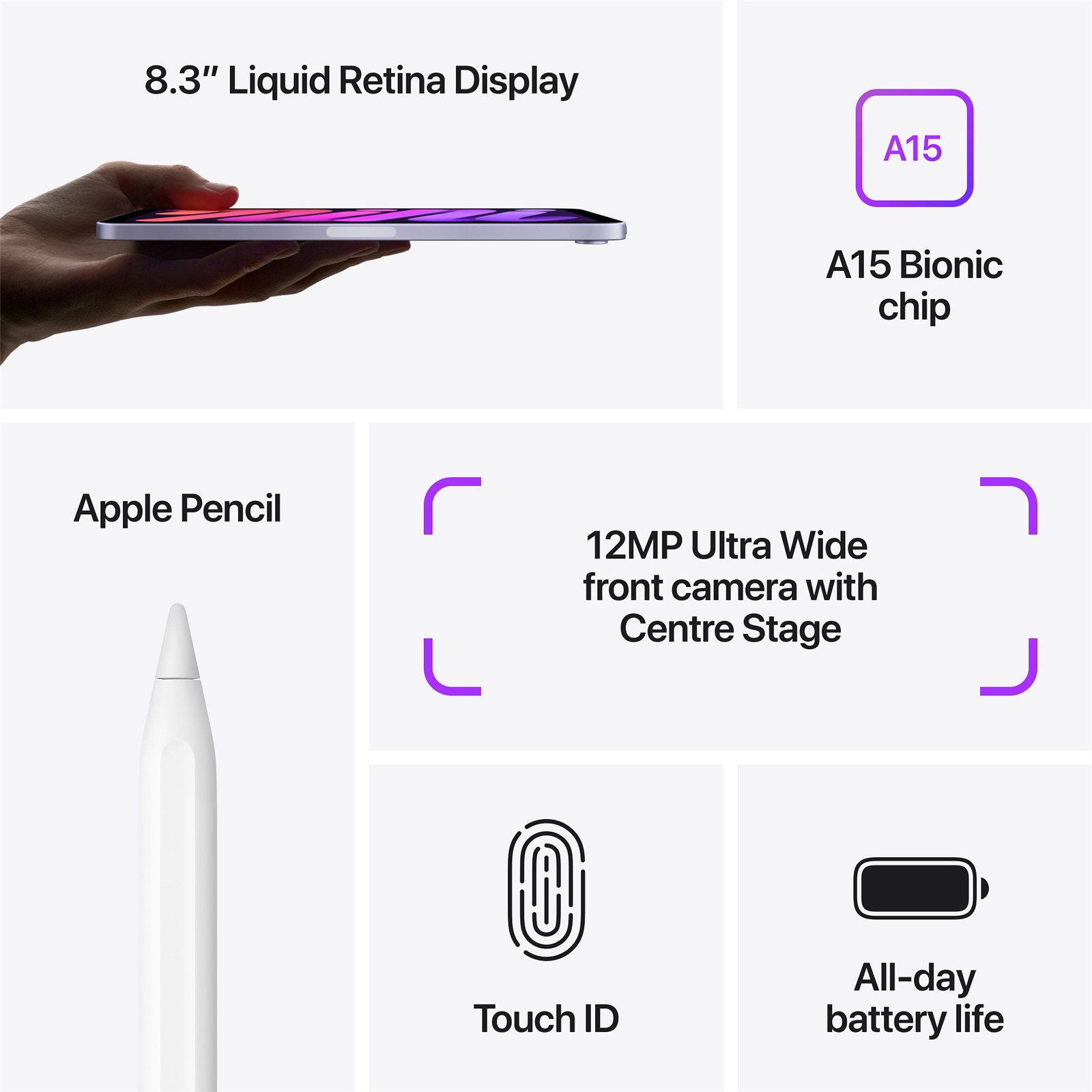 Apple iPad Mini (6th Gen) 8.3" - Purple 64GB Storage - WiFi - Liquid Retina Display - USB-C - Ex-Store Demo Unit - 6 Months PB Warranty