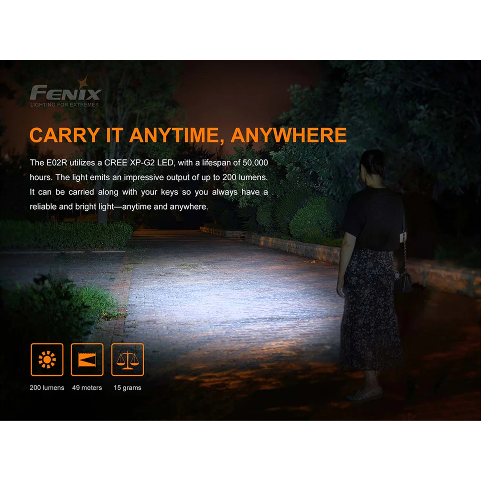 Fenix Everyday Carry Torch E02R Mini Keychain Flashlight Max 200 Lumens - Black, Head: 0.55", Built-In 120mAH Li-polymer Battery & MicroUSB Charging Port, Aluminum, EDC, Micro USB Charging Cable is Included - Dustproof and Waterproof