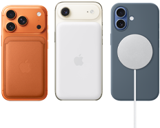 iPhone 17 Pro, back exterior, Cosmic Orange colour, FineWoven Wallet with MagSafe in Fox Orange colour; iPhone Air, back exterior, Light Gold colour, with Magsafe Battery; iPhone 17, back exterior, Mist Blue colour, with Silicone Case in Anchor Blue colour and MagSafe Charger