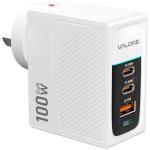 Valore White PD100W Travel GaN Wall Charger with Digital Display 1x USB-A + 2x USB-C  with UK-EU-AU-US Internatonal Plug
