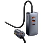 Baseus Share Together 120W Multi-Port Fast Charging Car Charger with Extension Cord - Grey 2x USB-A - 2x USB-C