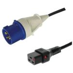 RackPower CF2EK100 16A IEC 60309 IP44 2P+E  6H  Blue plug to 16A C19 IEC-Lock socket on 1.0m 1.5mm2 black lead