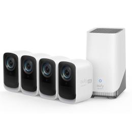 Eufy Security eufyCam 3C (S300) 4K Outdoor Wire-Free Battery Camera Kit - 4 Pack 9,400 mAh Battery last up to 180 Days / Homebase3 with 16GB Storage / AI Recognition