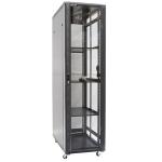 Dynamix RSR42-6X9 42RU Server Cabinet 900mm Deep (600x900x2055mm). Includes 3x Fixed Shelves, 4xFans,25xCageNuts, 4x Castors & 4x Level Feet. Black Gloss Colour, Tinted Glass Door, Removable Sides, Bottom Wire Path