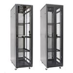 Dynamix 45RU Server Cabinet 500mm Deep      (600x500x2100mm). Includes 3x Fixed Shelves, 4x Fans, 25x Cage Nuts, 4x Castors & 4x Level Feet. Black Gloss Colour, Tinted Glass Door, Removable  Sides, Bottom Wire Path