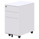 Accent Cube Slim Mobile Pedestal - 575H x 300W x 500D - White - Central locking mechanism - Anti-tilt wheel on bottom drawer - 2x box drawers and 1x file drawer. Pen-tray and drawer dividers.Heavy duty ball bearing runners in drawers