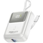 Promate 10000mAh 35W Ultra Compact SuperSpeed Power Bank - White Built-in USB-C Cables - 35W PD - USB-C In / Out - LED Battery Display - Automatic Voltage Regulation