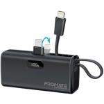 Promate NANOPACK-5 5000mAh Fast Charging Pocket Sized Power Bank - Black Foldable USB-C Connector & Built-in Lightning Cable - Supports 20W PD - Built-in Kick Stand - Smart LED Screen