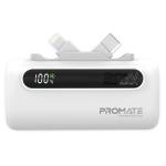 Promate POWERUP-DUO.WHT 5000mAh Ultra-Compact Fast Charging Power Bank - White With In-Built Dual Folding USB-C & Lightning Connectors - Supports 20W PD - USB-C In/Out - Smart LED Battery Indicator