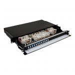 Dynamix FPP24SF-L124LA1  19  1U Fibre Tray 24C LC SM FULLY LOADED w 24x LC Elite OS2 Pigtails 12x LCDuplex Blue Coupler Splice Cassette, Cable management Sliding Tray with front face Protection labelling Kit