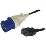 RackPower CF2EC300 16A IEC 60-309 IP44 fitted plug to 16A C19 IEC moulded socket on 3m 1.5mm2 Black lead