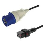 RackPower CF2EK300 16A IEC 60-309 IP44 Fitted Plug to 16A C19 IEC- Lock Moulded Socket on 3m 1.5mm2 Black Lead