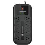 CyberPower 8 Outlet Surge Protect Powerboard with Dual 5V 2.4A USB Charging Ports - 2.1m Cord