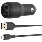 Belkin BoostCharge 24W Dual USB-A Car Charger with Lightning to USB-A Cable