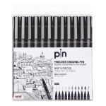 Uni Pin Fineline Permanent Drawing Set Assorted Nib Sizes Pack of 12