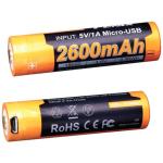 Fenix 18650 Li-ion Battery ARB-L18-2600U Rechargeable Battery Button-Top, Built-In Micro-USB Charging Port - 2600mAh, 3.6V, 9.36Wh, with Protection Circuit in the Anode