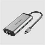 Vention THAHB Multi-function USB-C to HDMI / Docking Station Gray Metal Type USB3.0 3 / TF / SD / RJ45 / 3.5mm / PD - 0.15m Cable